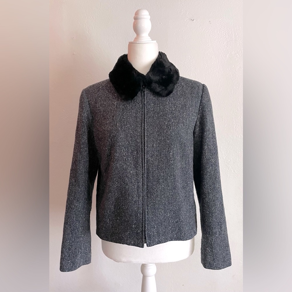 🍁50% Off Fall Sale TALBOTS Wool Silk Blend Tweed Zip Up w Removable FauxFur Coll